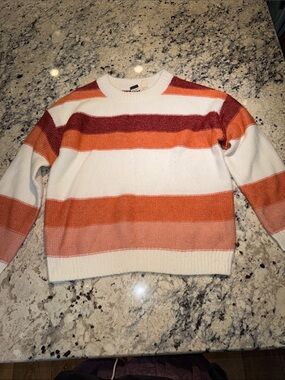 Roxy Women's Striped Crewneck Sweater in White, Burgundy and Orange Tones